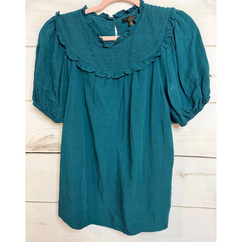 Current Air Los Angeles Teal Green Ruffle Bib Puff Sleeve Blouse Viscose Linen M